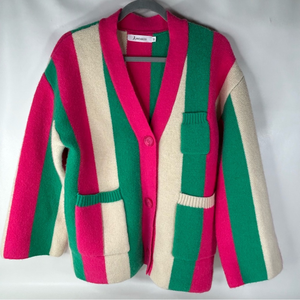 Retro Striped Cardigan Sweater by Anrabess Womens Medium Pink Green Color Block